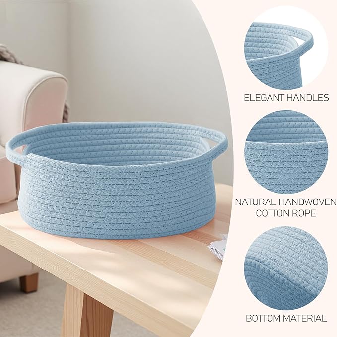 JMvicyroam Woven Basket,Small Rope Storage Bin with Handles & Ribbon Bag, Organizer for Shelves Closets,Gift Basket Empty for Birthday,Books,Dog Toys, Blue/3 Pack