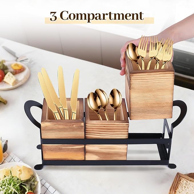 Wood Utensil Holder Silverware Caddy with Metal Rack Detachable Utensil Caddy for Party Flatware Organizer for Kitchen Forks Spoons Knives Storage