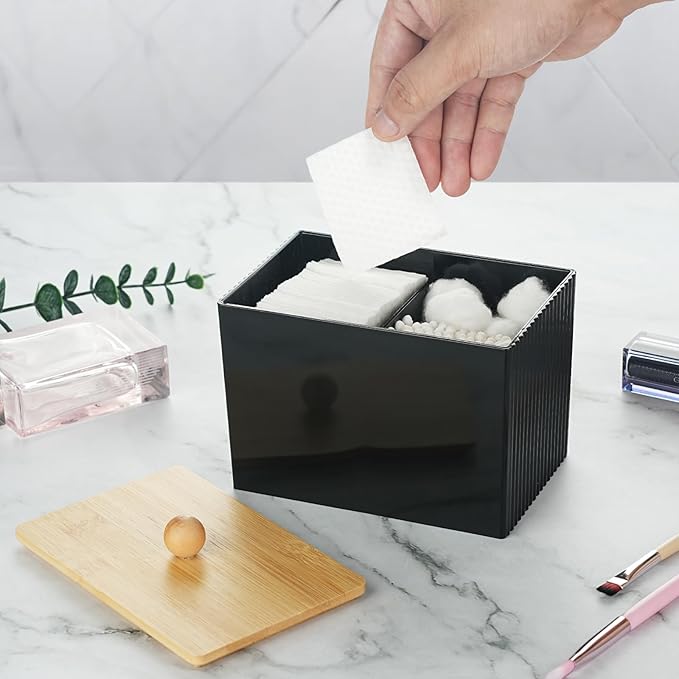 KIMCHOMERSE Qtip Holder Storage, Bathroom Cotton Ball Holder Canisters for Cotton Swab, Cottons Pad, Dental Floss Organizer, Hair Bands Container for Vanity Countertop -Black