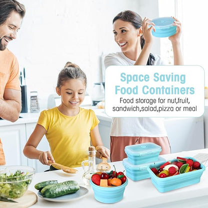 Yaomiao 16 Pack Collapsible Food Storage Containers with Lid Foldable 8 Pcs Rectangle Storage Bowl and 8 Pcs Round Silicone Food Bow for Lunch Camping Rv Accessories Microwave Freezer(Blue)