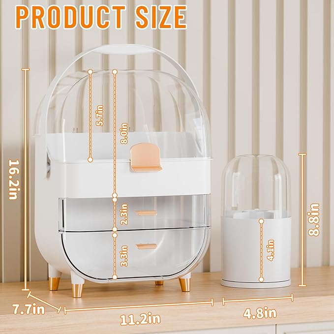 Yieach Makeup Skincare Organizer for Face Care Beauty Product,and Countertop Makeup Organizer with Cover,Make up Brush Holder,Large Capacity Cosmetic Storage Box & Caddy for Bathroom,Dresser,White