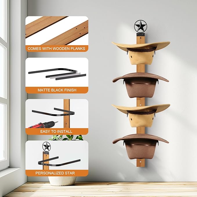 Cowboy Hat Rack, 4-Piece Western Hat Rack For Wall with Natural Wooden Board, Gift Cowboy Hat Holder for Wall Décor Keeps Original Shape of Hat