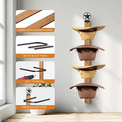 Cowboy Hat Rack, 4-Piece Western Hat Rack For Wall with Natural Wooden Board, Gift Cowboy Hat Holder for Wall Décor Keeps Original Shape of Hat