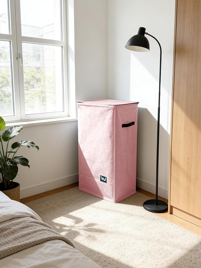 WTREE Laundry Hamper with Lid, Reinforced Sturdy Clothes Hamper with Anti-Puncture Base, Large Collapsible Laundry Basket with Removable Liner Bag, Tall Dirty Clothes Bin for Family, 100L Pink