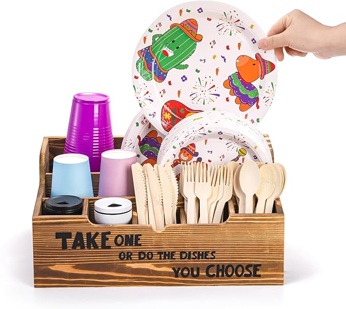 Frcctre Paper Plate Organizer for Countertop, 8 Compartments Rustic Kitchen Utensil Dispenser Wood Silverware Caddy Organizer for Plates, Cups, Forks, Spoons, Napkins