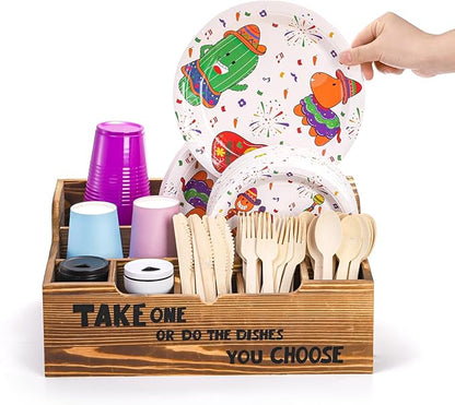 Frcctre Paper Plate Organizer for Countertop, 8 Compartments Rustic Kitchen Utensil Dispenser Wood Silverware Caddy Organizer for Plates, Cups, Forks, Spoons, Napkins