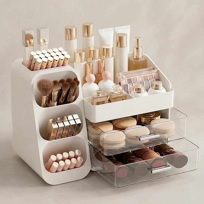 Makeup Organizer with Drawers, Large Cosmetic Display Cases for Skincare Organizers, Bathroom Organizers and Storage Countertop, Easy To Storage Skincare, Brushes, Lotions, Lipstick (White)