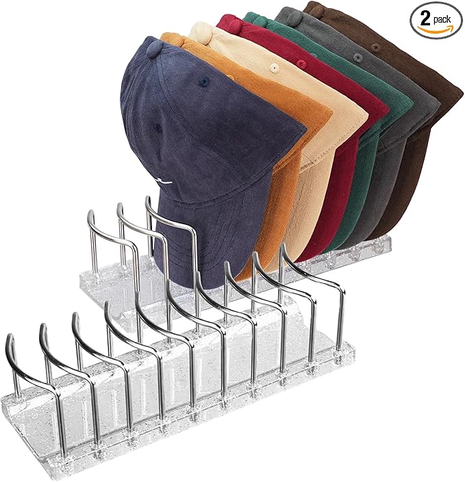 Baseball Cap Organizer Rack, 2-Pack (Holds 18 Caps) — No Installation Required, Anti-Tip, Stainless Steel, Freestanding Hat Organizer for Countertop, Dresser Top, Closet Shelf & Bedroom