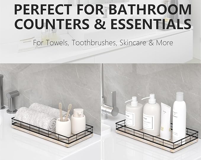 Toilet Paper Basket Organizer – Ash Wood Toilet Tank Tray with Metal Frame, Bathroom Counter Top Storage for Toilet Paper Wipes & Decor, Modern Narrow Back of Tank Shelf Organizer, Black & Whitewashed