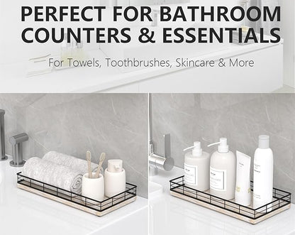 Toilet Paper Basket Organizer – Ash Wood Toilet Tank Tray with Metal Frame, Bathroom Counter Top Storage for Toilet Paper Wipes & Decor, Modern Narrow Back of Tank Shelf Organizer, Black & Whitewashed