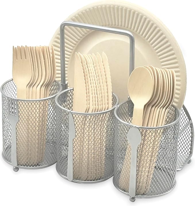 DysanVica Utensil Caddy Silverware Holder - 4 Compartment Metal Mesh Cutlery Fork Spoon Napkin Plate Organizer Flatware Storage Basket Party Kitchen Countertop Buffet Picnic Camping Outdoor BBQ Silver