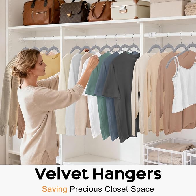 Gray Velvet Hangers 100 Pack, Non-Slip Felt Hangers with Shoulder Notches, Slim Space Saving Clothes Hangers with 360°Swivel Hook for Shirts Heavy Coats Clothes Dresses Closet(Gray)