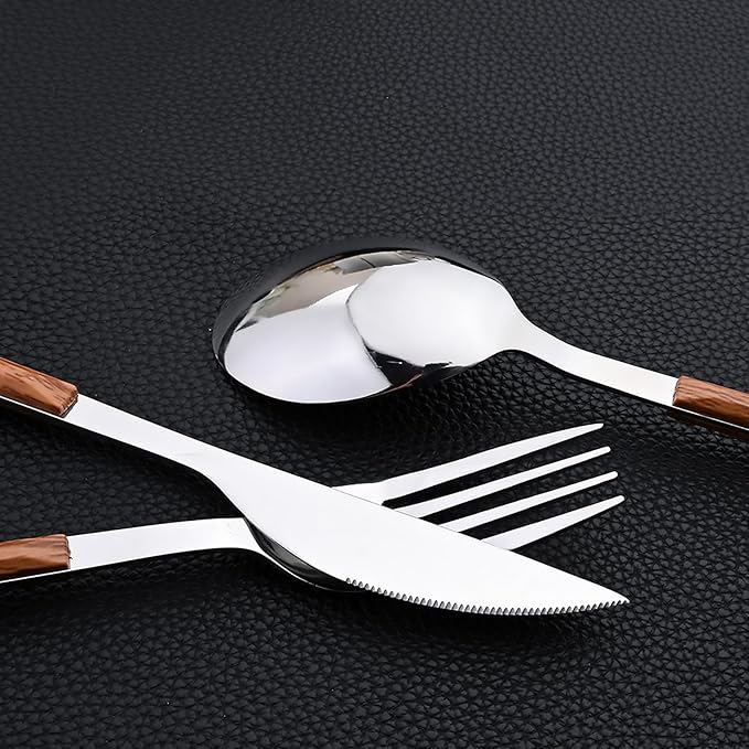 24piece Silverware Set with Hanging Holder, Stainless Steel Tableware Set With Cutlery Storage Rack, Decent Gift Box For Housewarming, Party, Dining - Brown Silver, set of 6