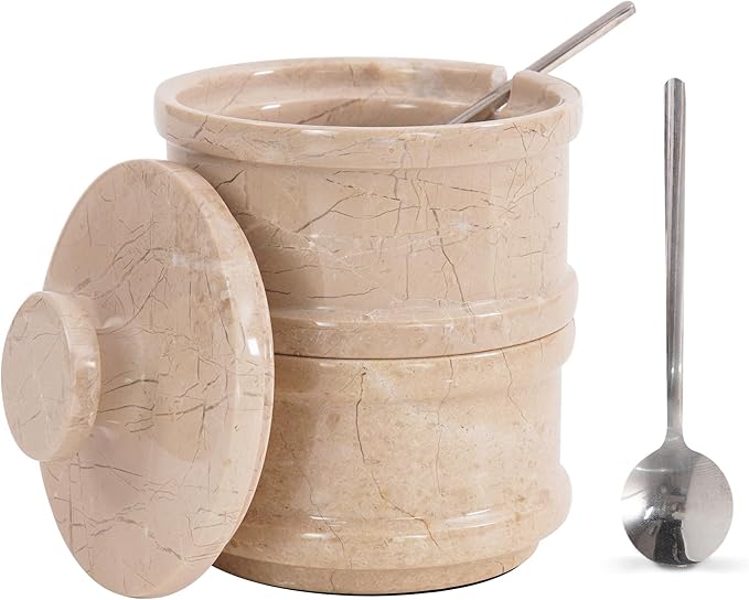 Radicaln Handmade Marble Brown 5” Dual Salt Cellar & Brown Sugar Keeper – 2” Each Herb Jar Salt Dish Kitchen Accesorries – Ideal For Jewelry, Butter, Sugar & Home Décor