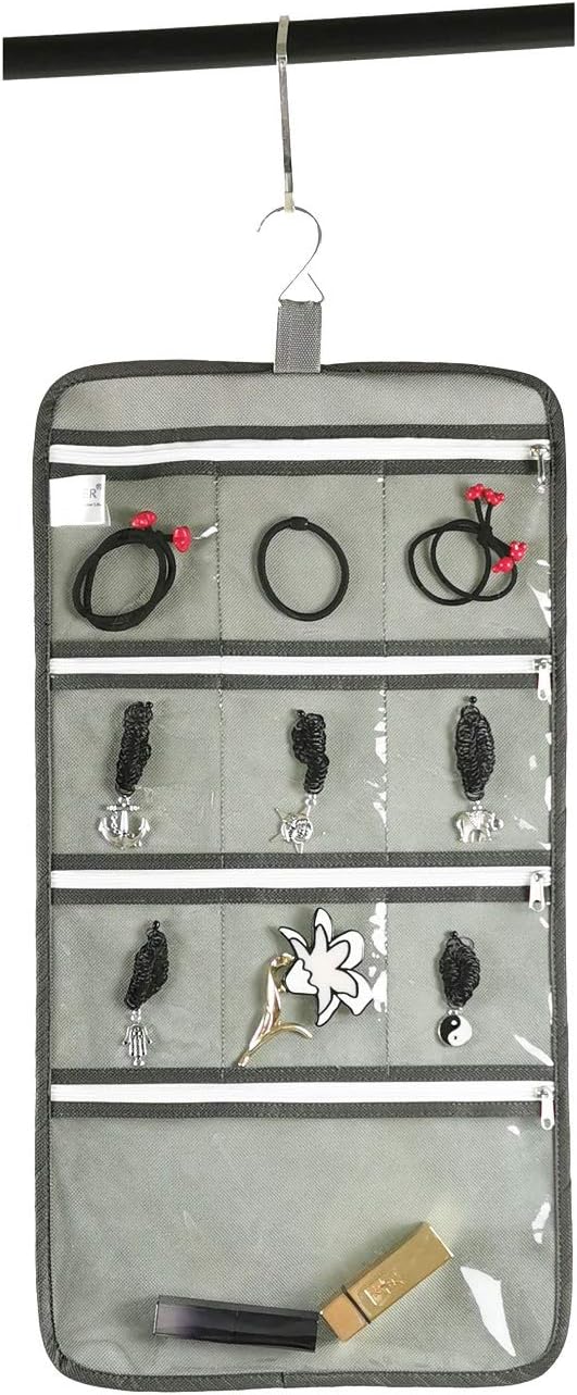 Hanging Jewelry Organizer with 10 Zippered Clear Pockets for Travel Suitcase and Home Closet Jewelry Storage Bag (GREY)