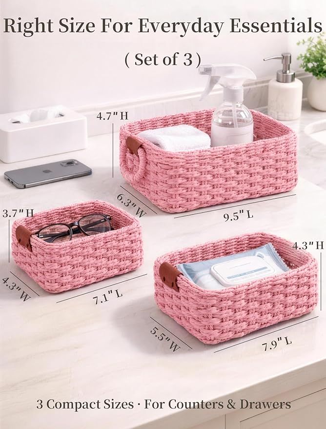 Storage Basket, Recycled Paper Rope Bathroom Basket Organizer, 3Pcs Small Baskets for Organizing, Mini wicker Basket for Decorative Storage Bins, Shelves, Bathroom, Cabinet - Pink