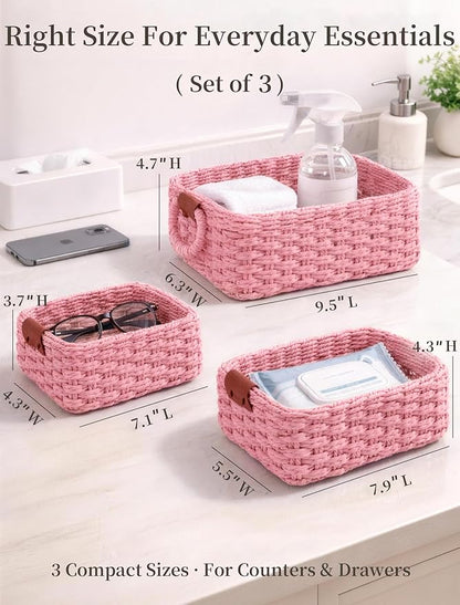 Storage Basket, Recycled Paper Rope Bathroom Basket Organizer, 3Pcs Small Baskets for Organizing, Mini wicker Basket for Decorative Storage Bins, Shelves, Bathroom, Cabinet - Pink