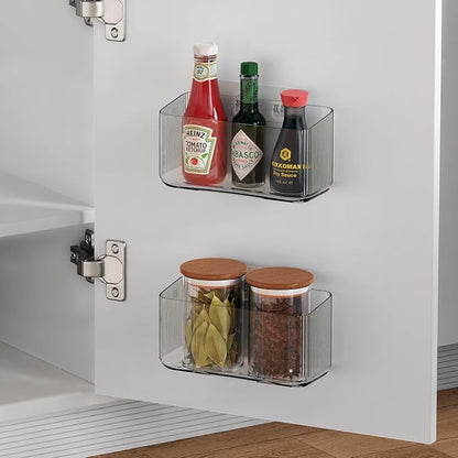MaraFansie 4 Pack Over Cabinet Organizer Storage Lid Organizer Caddy Space Saver No Drilling Adhesive Hook Over Door Organizer, Clear Gray