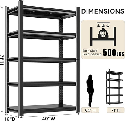 40" W x 71" H,5-Tier Metal Shelving Adjustable Kitchen Storage Rack Metal Storage Shelf Black Shelving Unit 2500LBS Shelvs for Kitchen Pantry Basement