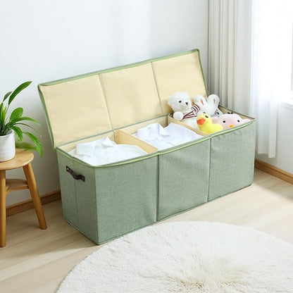 Extra Large Storage Box with Zippered Lid 130L Jumbo Chest Basket Bin Collapsible Lidded Sturdy Organizer with Dividers PU Leather Handles for Clothes Bedding Set Home Closet (Light Green)