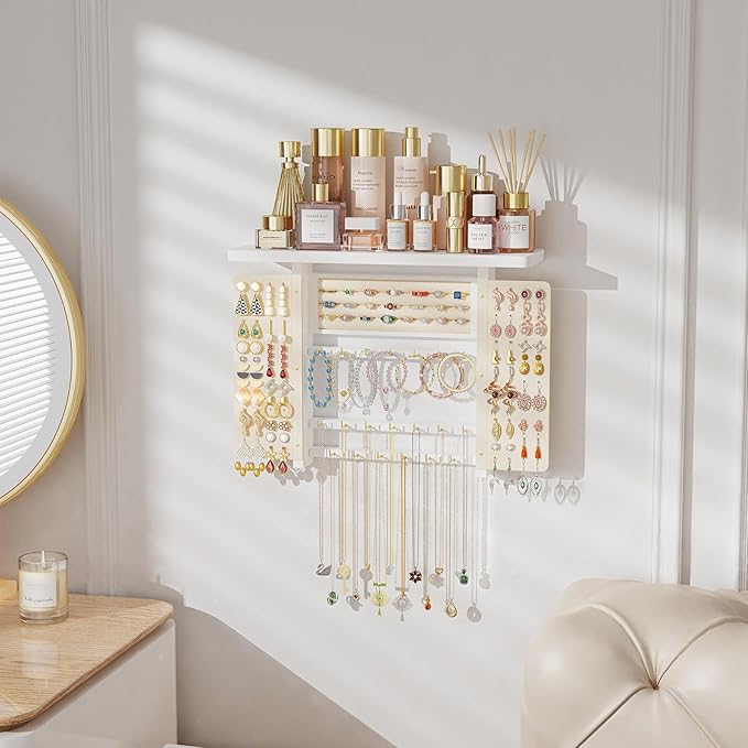 Emfogo Jewelry Organizer Hanging Wall Mounted Jewelry Holder, 5-in-1 Large Capacity Necklace Organizer Wall Hanging Jewelry Display for Ring, Necklaces, Bracelets, Earrings (White)