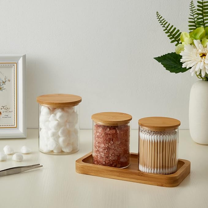 INIUNIK 3 Pack Glass Qtip Holder Dispenser, 20 oz and 11 oz Clear Glass Apothecary Jars, Bathroom Vanity Canisters Organizer Jars for Cotton Swabs, Balls, Rounds, Pads, Floss, Bath Salts