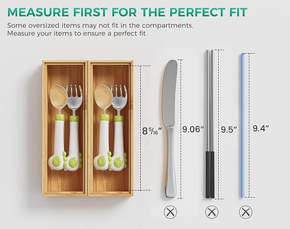 Bamboo Kitchen Drawer Organizer Boxes – 9" x 3" Stackable Wood Silverware Utensil Tray for Drawers Bins, Cutlery & Flatware Storage – Wooden Organizers Set of 2 for Junk Drawer, Bathroom, RV