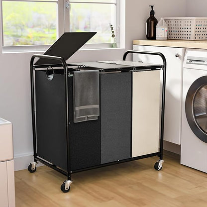 180L (47.55 Gal) Laundry Sorter 3 Section, Rolling Laundry Basket with Lockable Wheels and Lid, Laundry Hamper with 3 Separated Removable Bags Dirty Clothes Hamper for Laundry Room, Multicolored