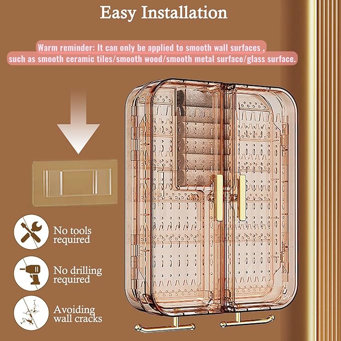 Wall Mounted Jewelry Organizer, No Punching Installation, Hanging Jewelry Organizer Box and Storage Case, Necklace Earring Holder Organizer Wall for Women Teen Girls (Mocha Brown)