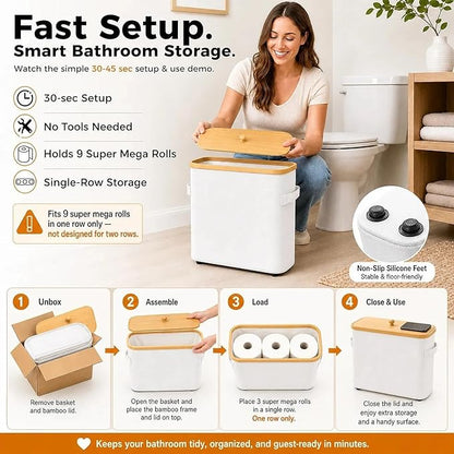 Premium Waterproof Toilet Paper Storage Box with Bamboo Lid - Fits 9 Mega Rolls, 900D Heavy-Duty Fabric Bathroom Organizer Bin with Elevated Base & Handles for Narrow Spaces (17.3"x 6.9"x 15.5")