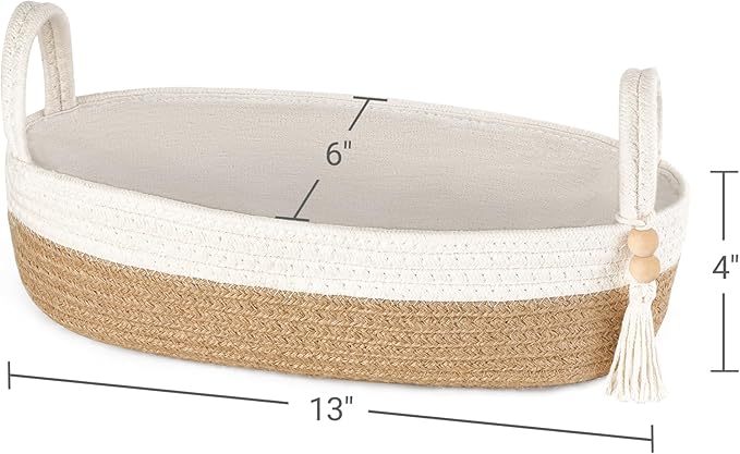 Mkono Small Storage Basket for Toilet Tank Top Boho Bathroom Decor Woven Rope Toilet Paper Tray Organizer for Shelf Bedroom Living Room, Brown and White, 1 Pack, 13" L x 6" W