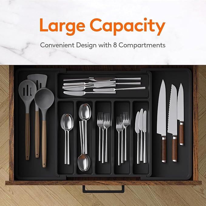 SmartSlide Silverware Drawer Organizer, Expandable Cutlery Tray for Kitchen Drawers, Adjustable Cutlery and Flatware Organizer, Spoons Forks Knives Holder Storage Dividers (57 CM x 38 CM)