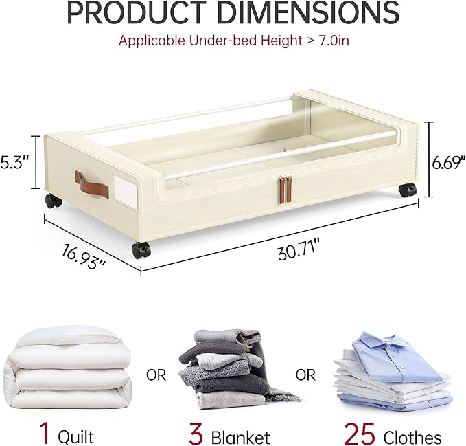 Yecaye Under Bed Storage with Wheels, 2 Pack Under Bed Storage Containers, 60L Underbed Shoe Storage with Clear Window & Label, Rolling Under Bed Metal Drawer for Clothes, Shoes, Books, Blankets