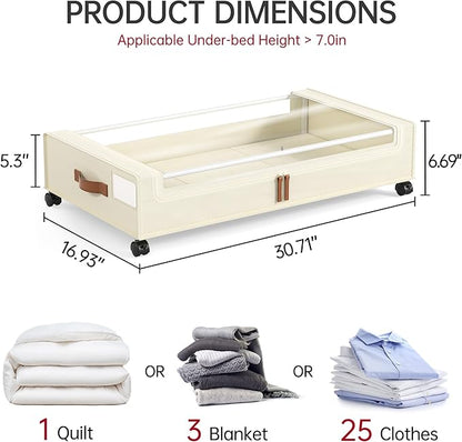 Yecaye Under Bed Storage with Wheels, 2 Pack Under Bed Storage Containers, 60L Underbed Shoe Storage with Clear Window & Label, Rolling Under Bed Metal Drawer for Clothes, Shoes, Books, Blankets