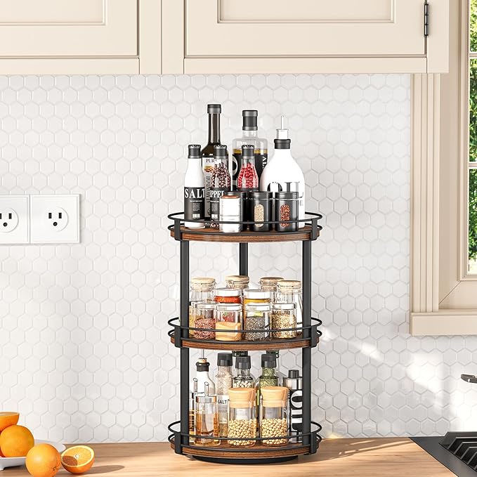 Snughome Lazy Susan Organizer, 3 Tier Rotating Spice Rack, Turntable Lazy Susan Kitchen Countertop Organizer, 10.2" x 10.2" x 18.5", Rustic Brown