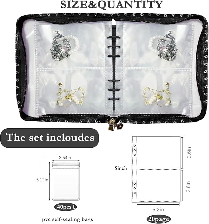 Jewelry Organizer Travel,Jewelry Storage Book with 40 Large PVC pouches,Portable Jewelry Organizer Zipper Bags for Necklaces Bracelet Rings and Earrings (front cover removable),Black