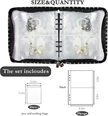 Jewelry Organizer Travel,Jewelry Storage Book with 40 Large PVC pouches,Portable Jewelry Organizer Zipper Bags for Necklaces Bracelet Rings and Earrings (front cover removable),Black
