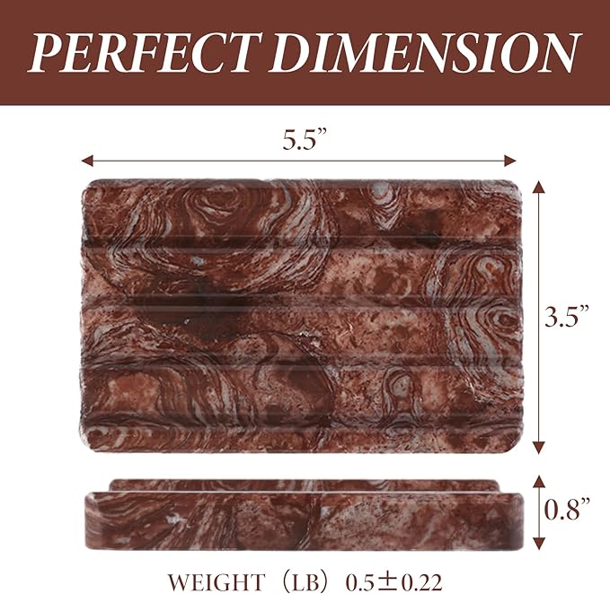 Koville Natural Marble Soap Dish for Shower, Red Marble Soap Tray for Bathroom, Bar Soap Holder for Sink, Stripe Grooves Saver Stone Soap Dish Keep Soap Bars Dry Easy Clean(Red Storm)