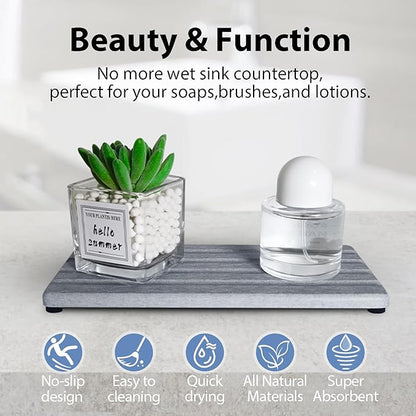 2 PCS Water Absorbing Stone Trays for Bathroom Sink & Kitchen Counter, Fast-Drying Diatomite Sink Caddy, Vanity Tray, Hand Soap Holder with Anti-Skid Pads (Grey, 7.9" x 4"/20 x 10cm)