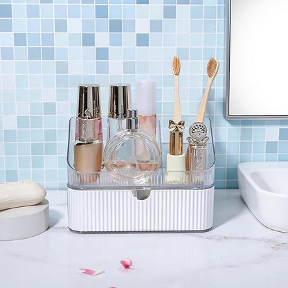 DASITON Makeup Organizer with Drawers, 2 Tier Stackable Organizer for Cosmetics, Skincare, Lipsticks, Makeup Brush, Acrylic Small Makeup Organizers for Vanity Bathroom Countertop Desk Storage (White)