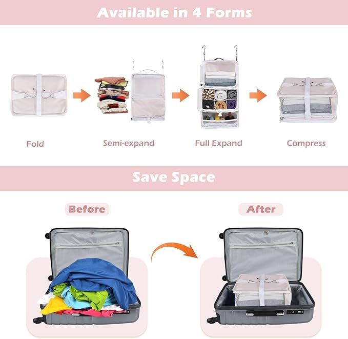 Surblue Hanging Shelves Travel Storage Bag Compression Packing Cube for Suitcase Collapsible with Extension Layer Large Capacity, Pink,XL