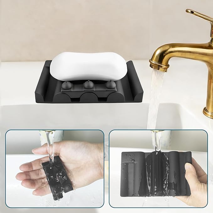 Silicone Soap Dish,Self Draining Soap Holder Perfect for Shower,Bathroom Sink,Kitchen Sink & Travel,Non-Slip Bar Soap Holder Extend Soap Life,Keep Soap Bars Dry & Easy Cleaning NBlack-1Pcs