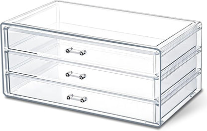 1 Pc Acrylic Storage Drawers, 9.3 X 5.3 X 4 Inch Clear Storage Drawers with 3 Drawer Stackable Makeup Organizer Cosmetic Display Case Stationery Organizer for Dresser, Bathroom, Vanity, Countertop