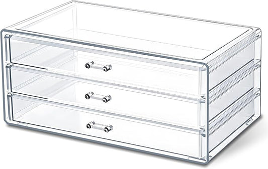 1 Pc Acrylic Storage Drawers, 9.3 X 5.3 X 4 Inch Clear Storage Drawers with 3 Drawer Stackable Makeup Organizer Cosmetic Display Case Stationery Organizer for Dresser, Bathroom, Vanity, Countertop