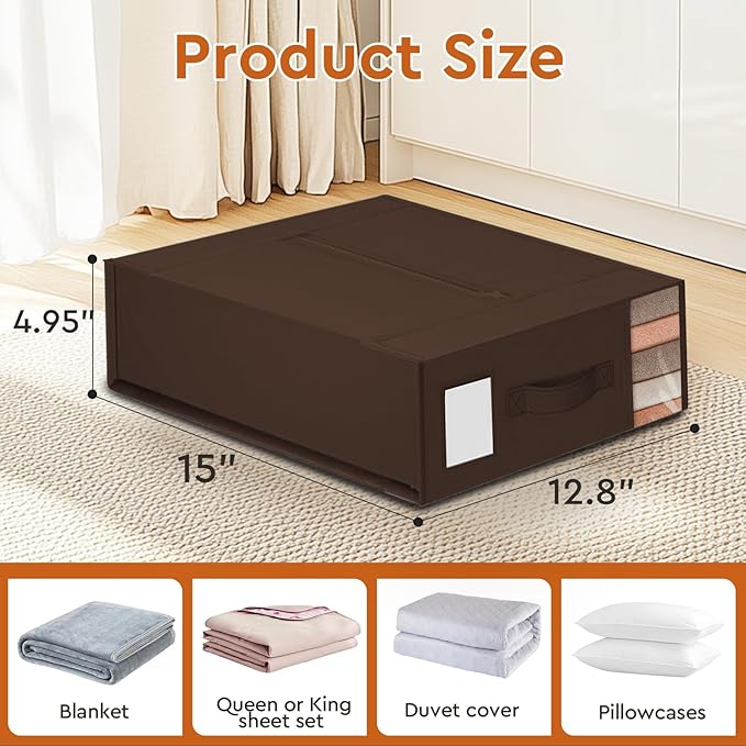 StorageTastic 4 Pack Bed Sheet Closet Organizers and Storage,Sturdy Foldable Storage Containers with Window and Label,Storage and Organization for Bedding Sheets,Duvet Covers,Blankets (Brown)
