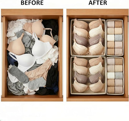 Underwear Drawer Organizer 2 Pack - Foldable Fabric Storage Bins for Dresser & Closet, Khaki Sock and Bra Dividers, 2 Sizes for Bedroom Organization