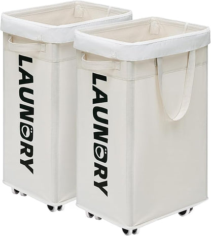 CHICVITA 2-Pack Laundry Baskets with Wheels and Handle,75L Collapsible Clothes Basket with Removable Wash Bags for Dorms and Corners, White Rolling Laundry Hamper