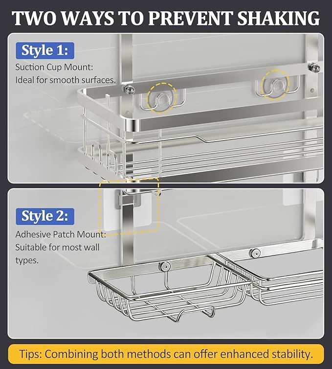 OMAIRA Shower Caddy Hanging with Soap Scrub Holder, Stainless Steel Adjustable No Drilling Non-Slip Large Capacity Sturdy Over Shower Head Shower Organizer Inside Shelves Bathroom Storage Rack, Silver