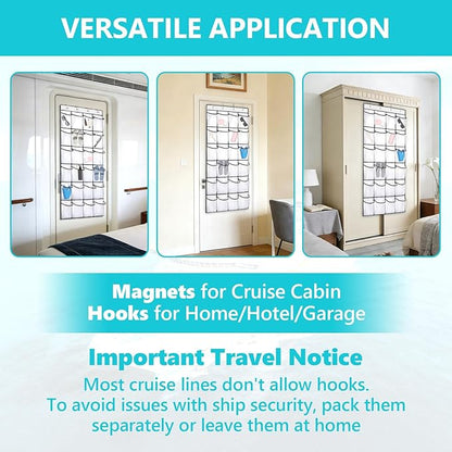 Esoes Cruise Ship Magnetic Door Organizer, 24 Pockets Magnetic Behind the Door Shoe Rack-4 Strong Anti-Scratch Magnets, Over the Door Organizer Cruise Essentials Storage for Cruise Cabin Travel