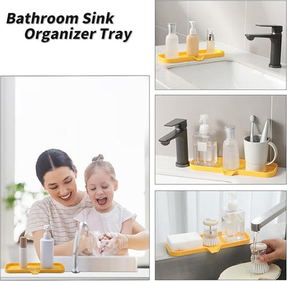 MicoYang Silicone Bathroom Soap Dishes with Drain Spout-Bathroom and Kitchen Sink Organizer,Sponge Holder,Dish Soap Tray,Perfect for Dispenser,Scrubber,Bottle,Cup on Sink or Counter-Yellow 12"×4"